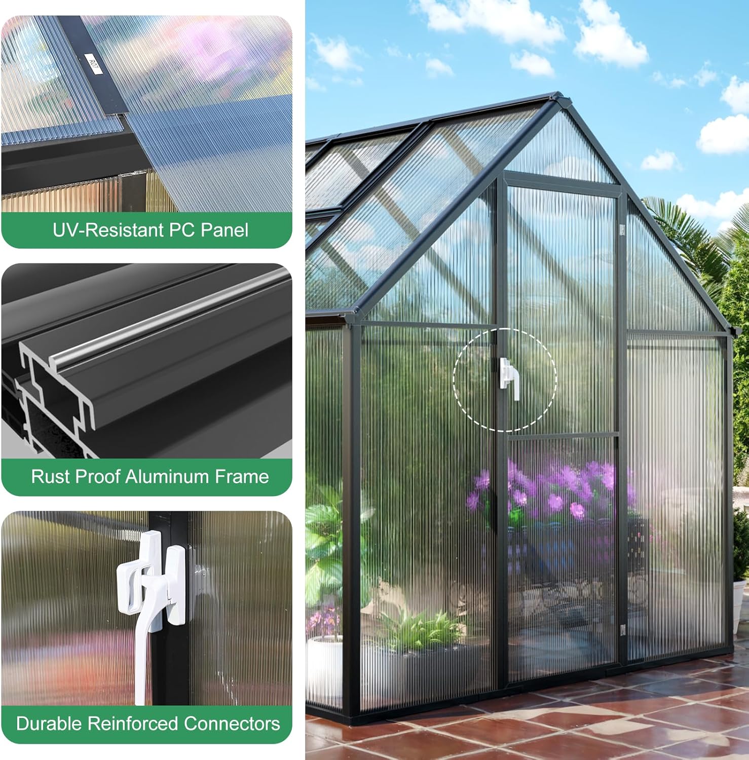 ALLPATIO 8x6 FT Black Walk-in Polycarbonate Greenhouse Kit w/Vent